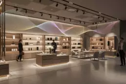 Retail sonoro con paneles acústicos integrados en tienda contemporánea