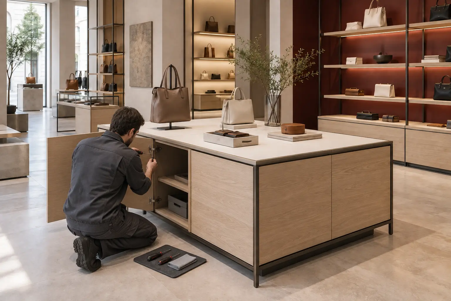 Technician checking a fixing inside an accessible compartment of a retail display island