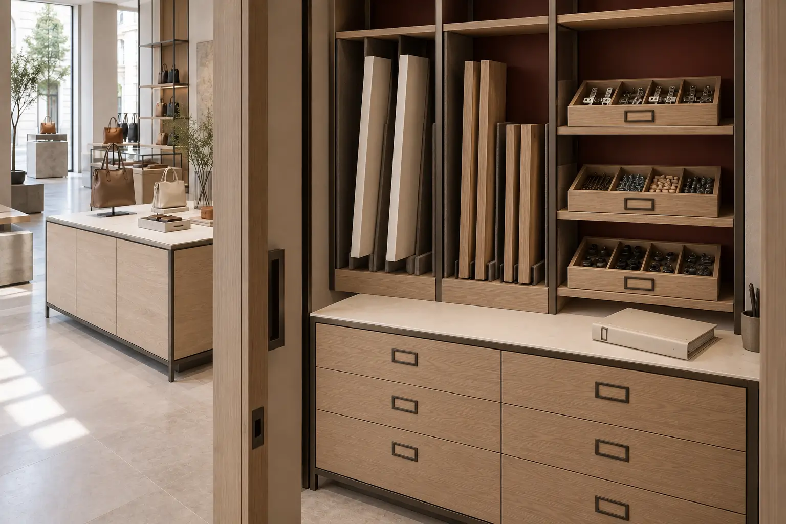 Cabinet containing replacement panels, separated hardware and retail furniture maintenance documents