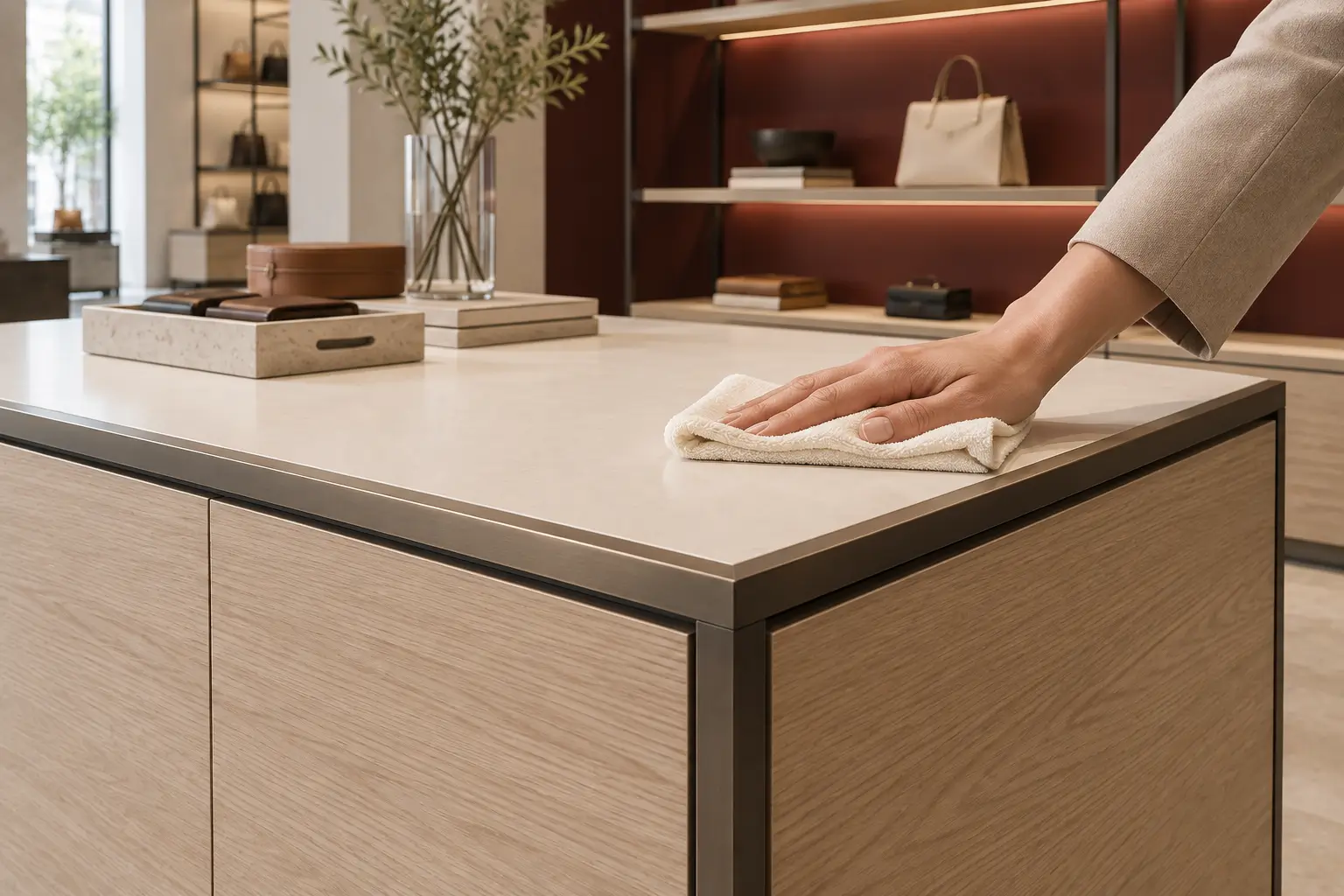 A hand cleans the ivory top of a pale oak and dark metal retail display island