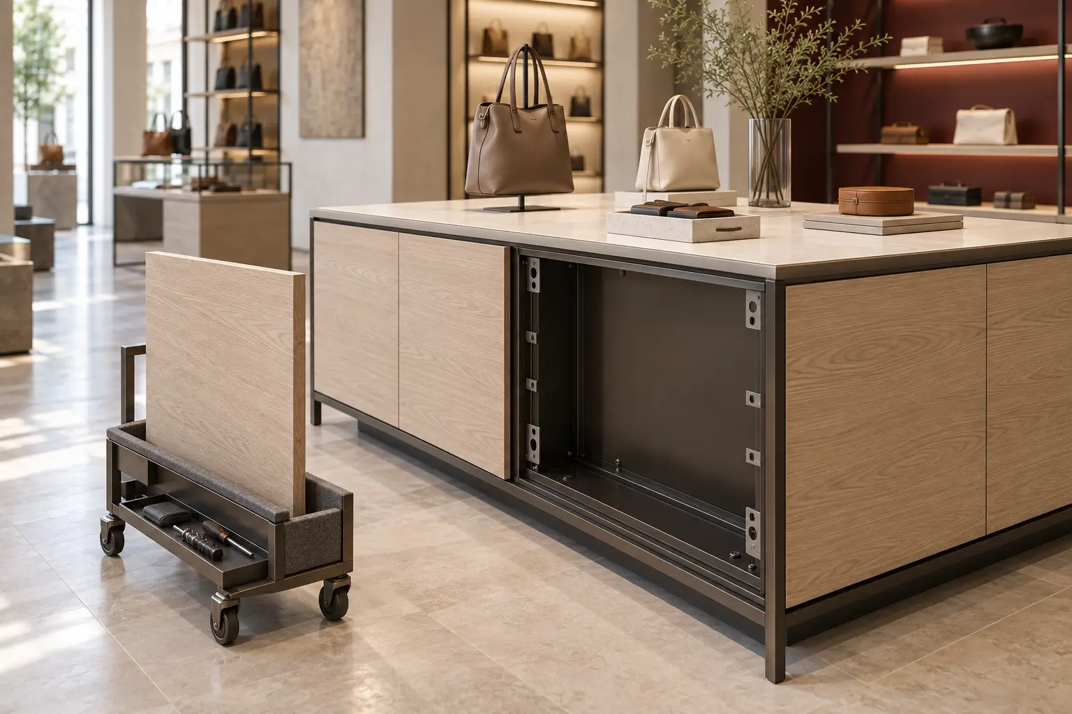 Retail display island with a pale oak front panel removed to reveal the accessible inner frame