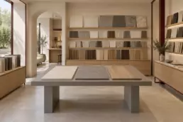 Sala de muestras con paneles de acabados en la pared y tres piezas sobre una mesa central gris